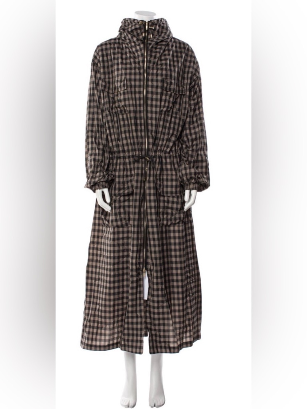 Sonia Rykiel Brown Plaid Drawstring Long Utility Jacket Trench Duster $1005 MSRP - Picture 2 of 9